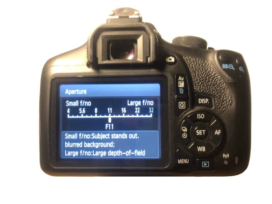 What is Aperture in Photography? DSLR camera rear screen menu showing aperture selection screen.