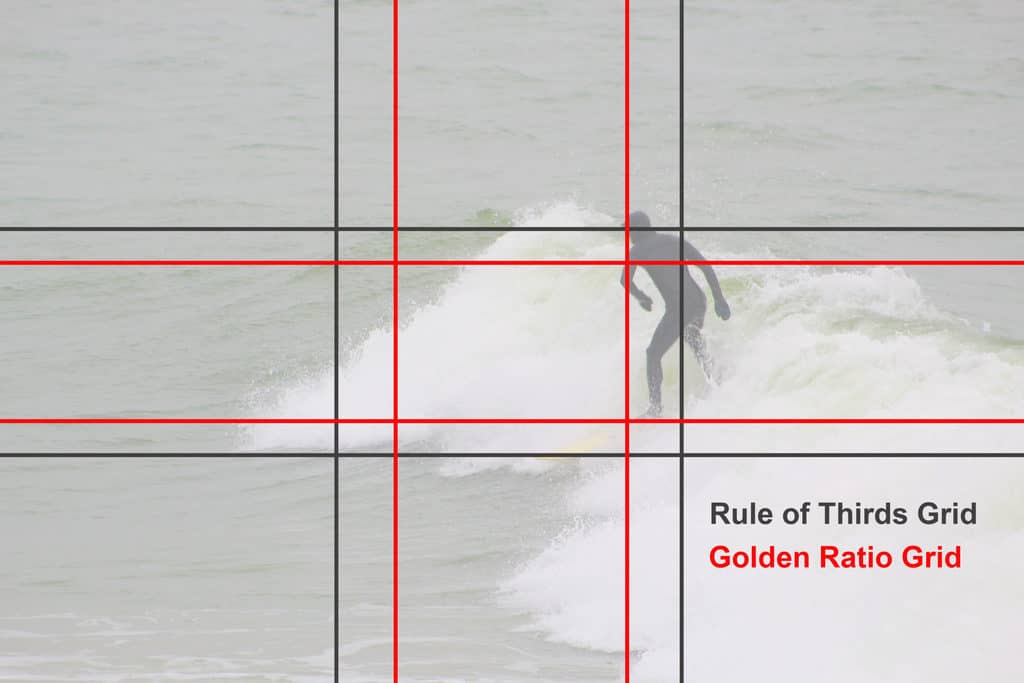 What is Composition in Photography? Rule of thirds grid and <span style='background-color:none;'>golden ratio</span><span style='background-color:none;'> </span>grid superimposed on a single surfer on a frothy wave.