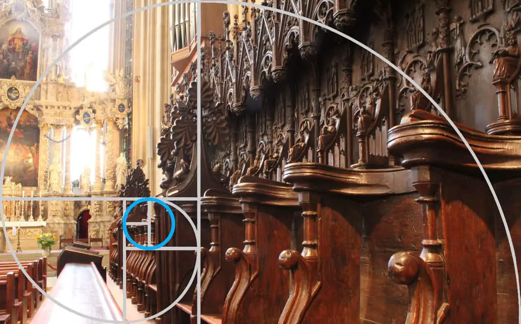 What is Composition in Photography? Fibonacci spiral on a church choir interior photo.