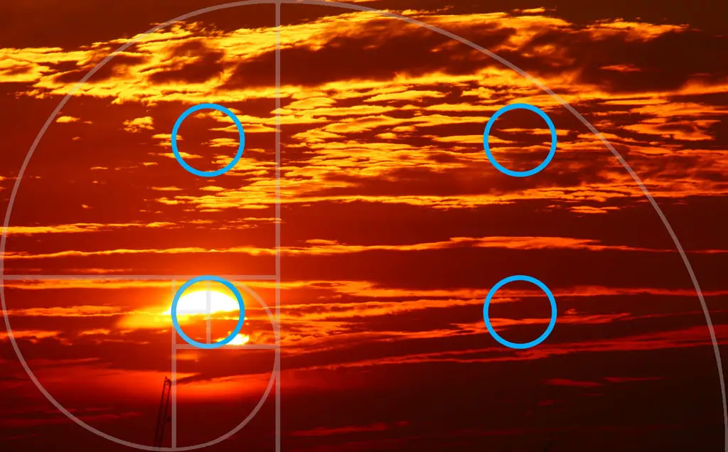What is Composition in Photography? Fibonacci focal points on sunsetting sky.