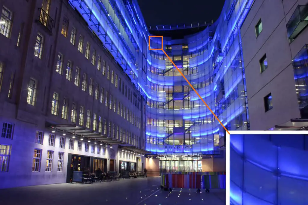 What is ISO in Photography? Night shot of the BBC offices, London, showing low grain at ISO 100.