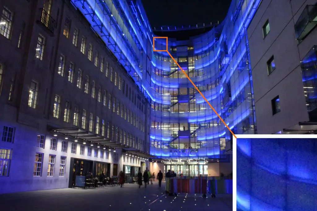 What is ISO in Photography? Night shot of the BBC offices, London, showing high grain at ISO 6400.