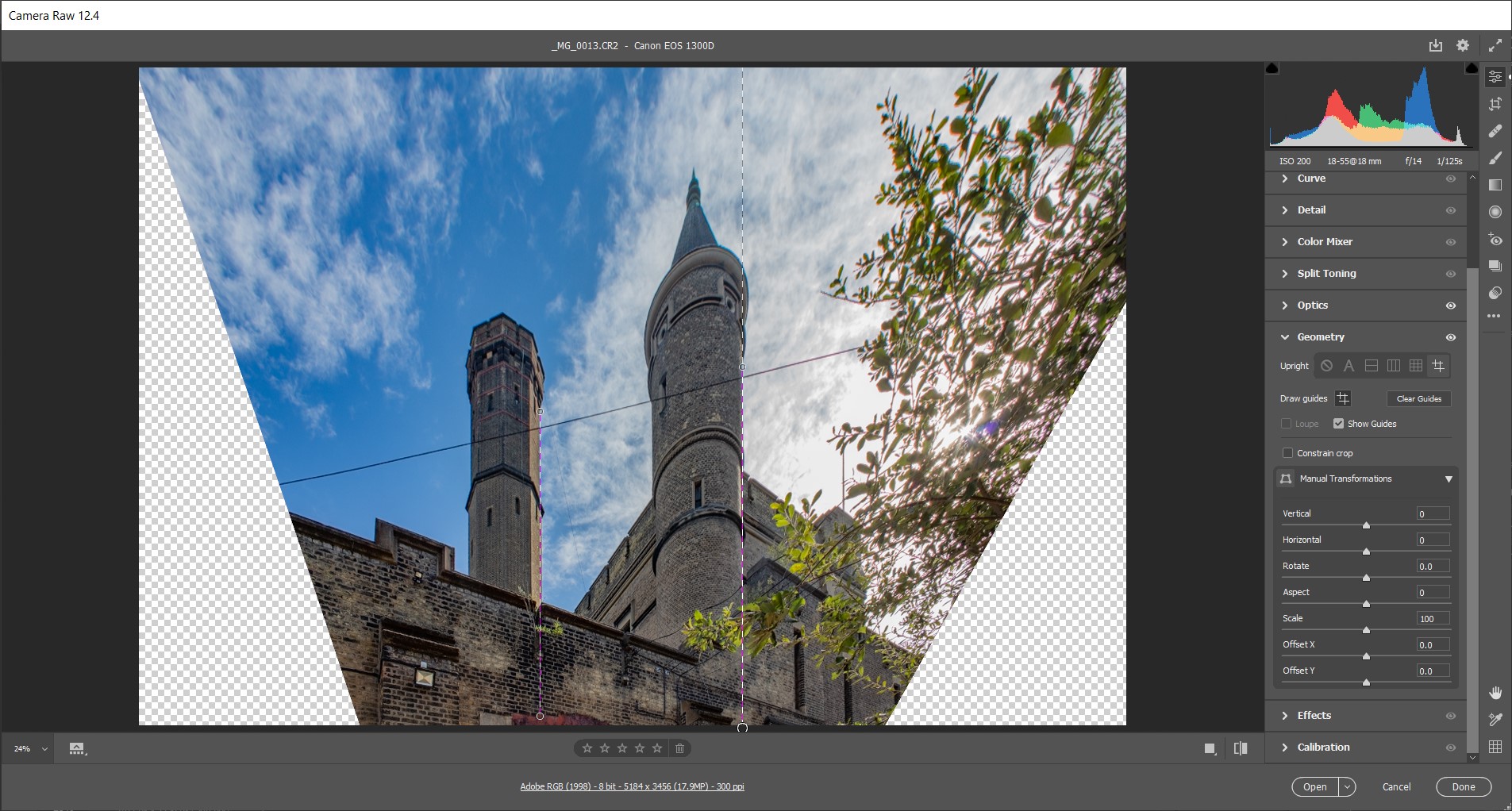 Why do Buildings Lean in Photos? Photoshop Camera Raw Guided Line Perspective correction tool.