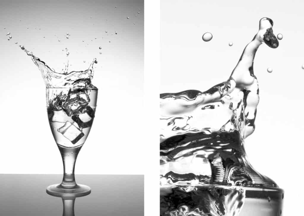 Ice Cube Splash Photography. Glass, ice cubes, water splash, plexiglas.
