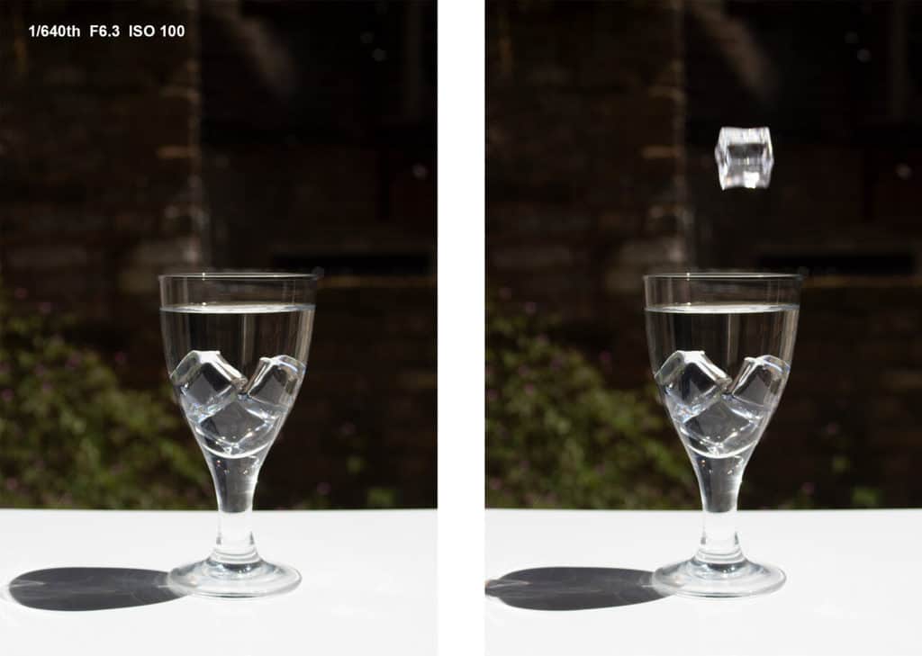 Amazing Splash Photography Without Flash! Falling ice cube fail, 1/640th of a second, F6.3, ISO 100.