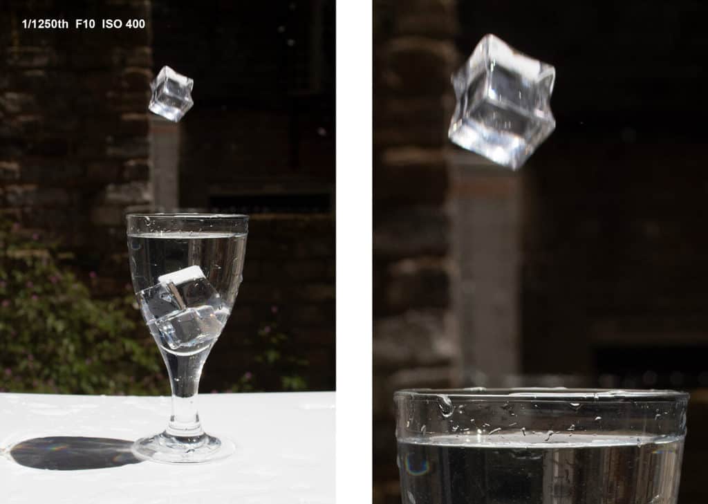 Amazing Splash Photography Without Flash! Blurred ice cube drop, 1/1250th of a second, F10, ISO 400.