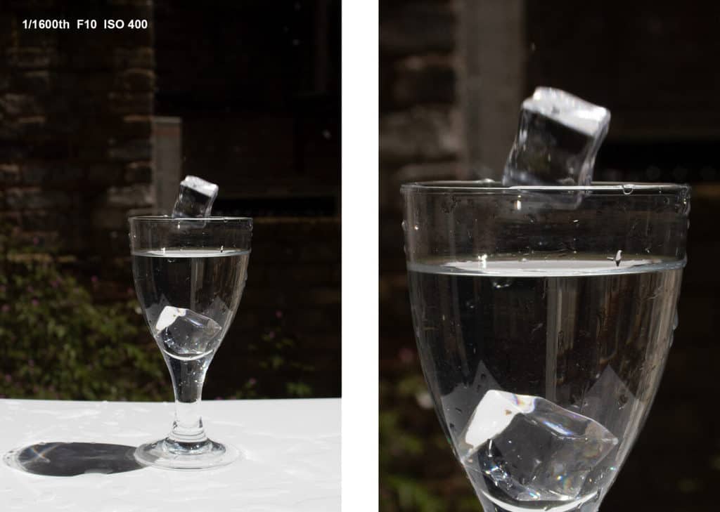 Amazing Splash Photography Without Flash! Blurred ice cube drop, 1/1600th of a second, F10, ISO 400.