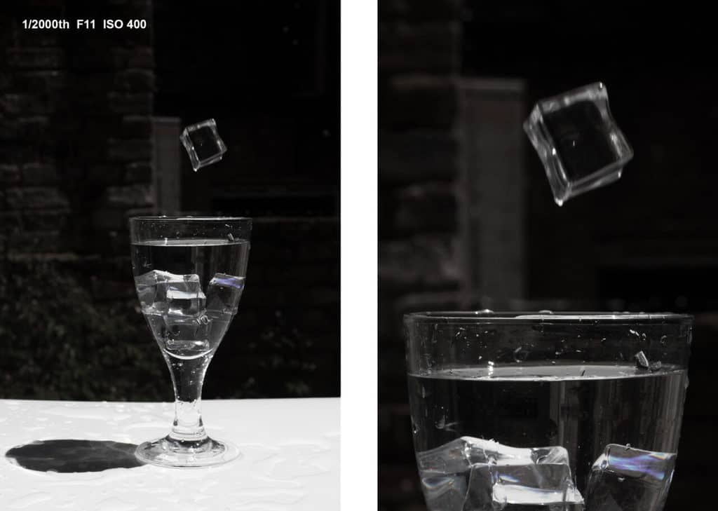 Amazing Splash Photography Without Flash! Slightly blurred ice cube drop, 1/2000th of a second, F11, ISO 400.
