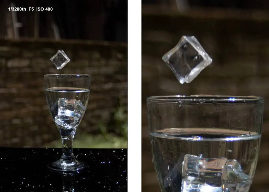 Amazing Splash Photography Without Flash! Ice cube drop, 1/3200th of a second, F15, ISO 400.