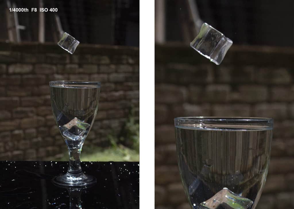 Amazing Splash Photography Without Flash! Frozen ice cube drop, 1/4000th of a second, F8, ISO 400.