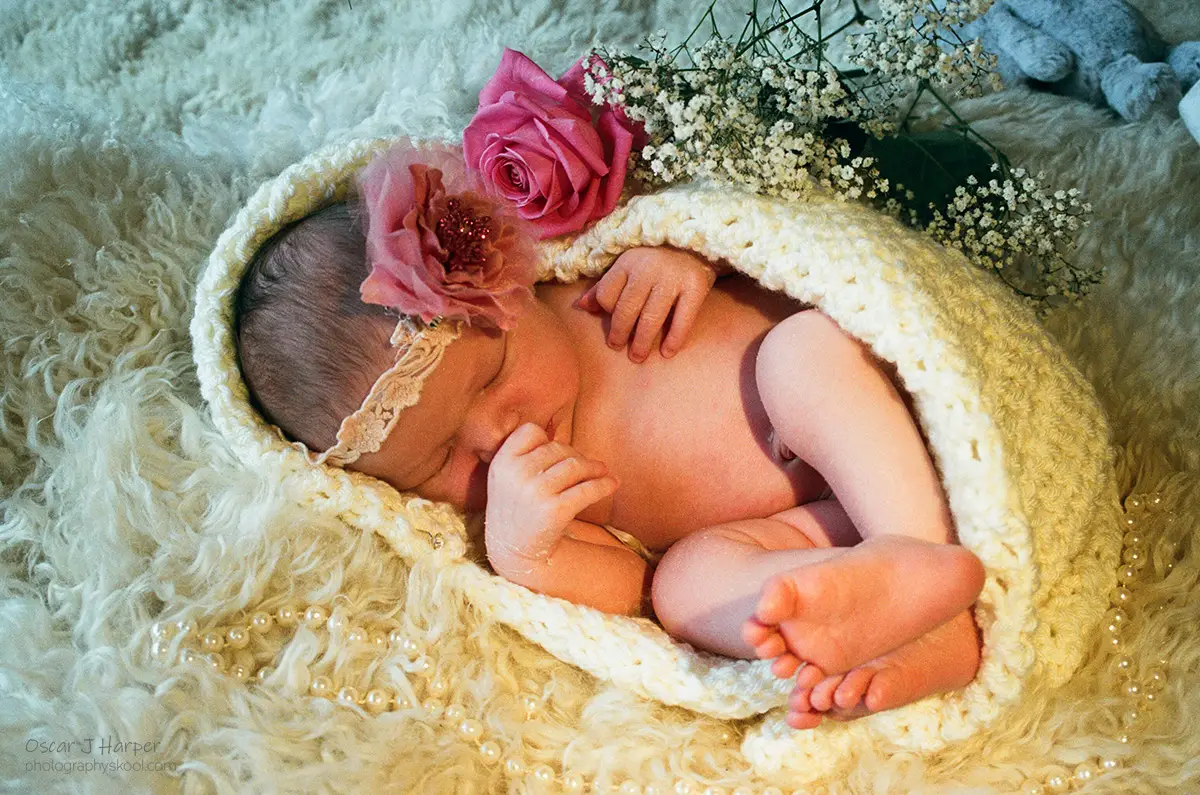 Best Time for Newborn Photos! Colour photo example, with flowers and headband.