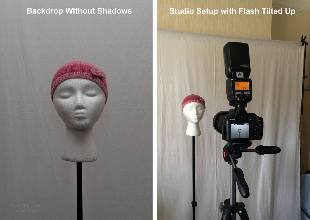 How to Avoid Shadows in Indoor Photography? On-camera, tilted-up flash to eliminate backdrop shadows.
