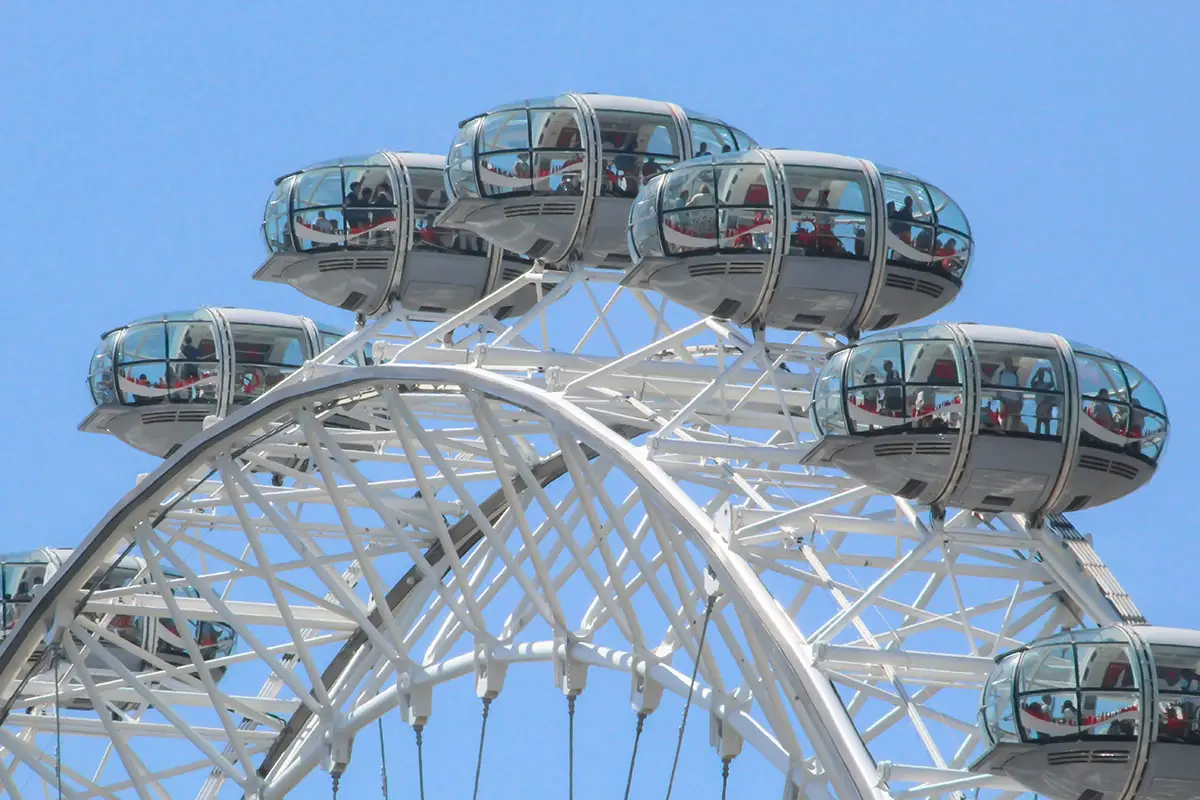 Egg shaped hospitality pods at the top portion of the enormous wheel in London.