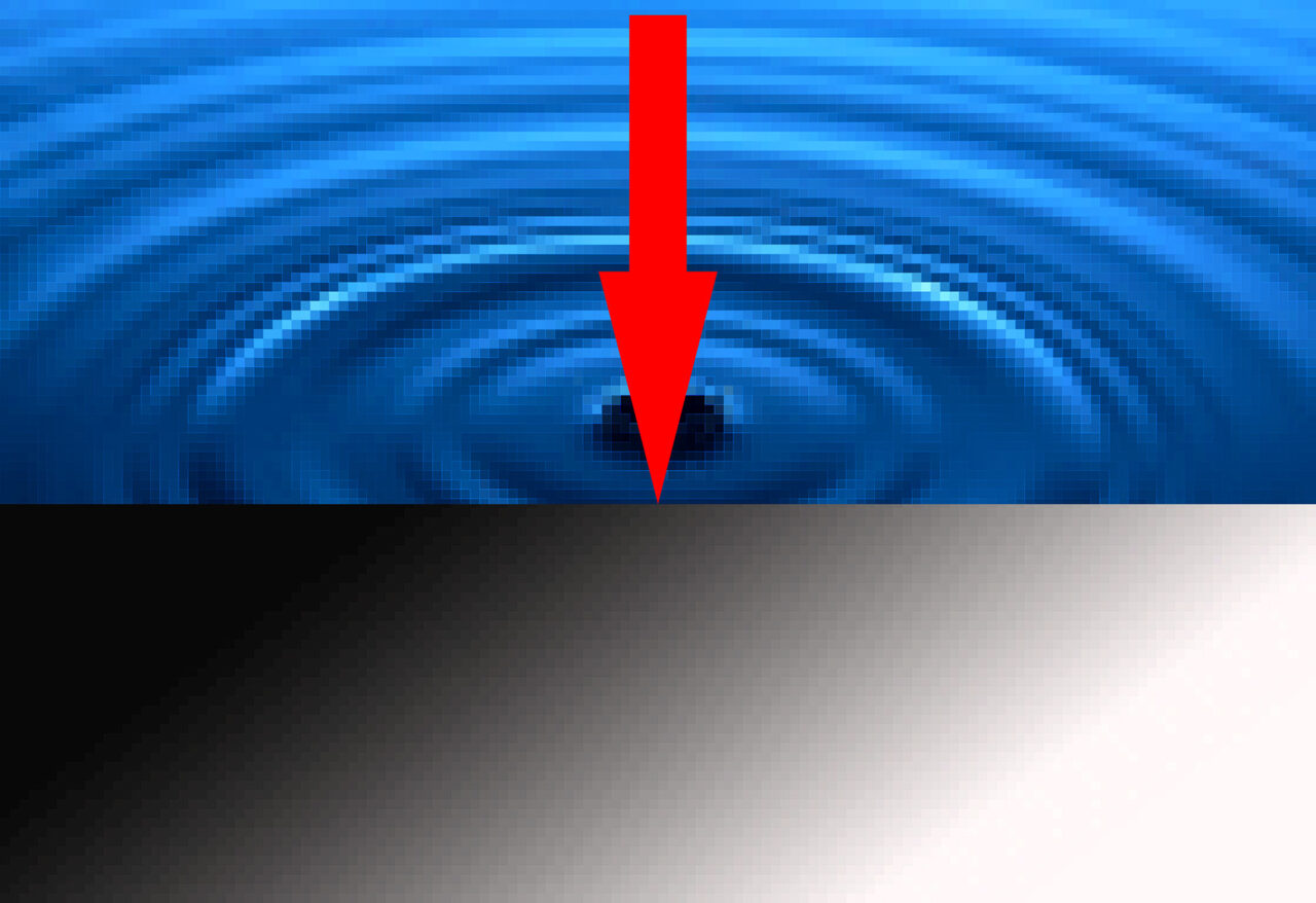 Example of a rolling shutter where rows of pixels are activated sequentially from the top down. Blue photo with a red arrow pointing down.